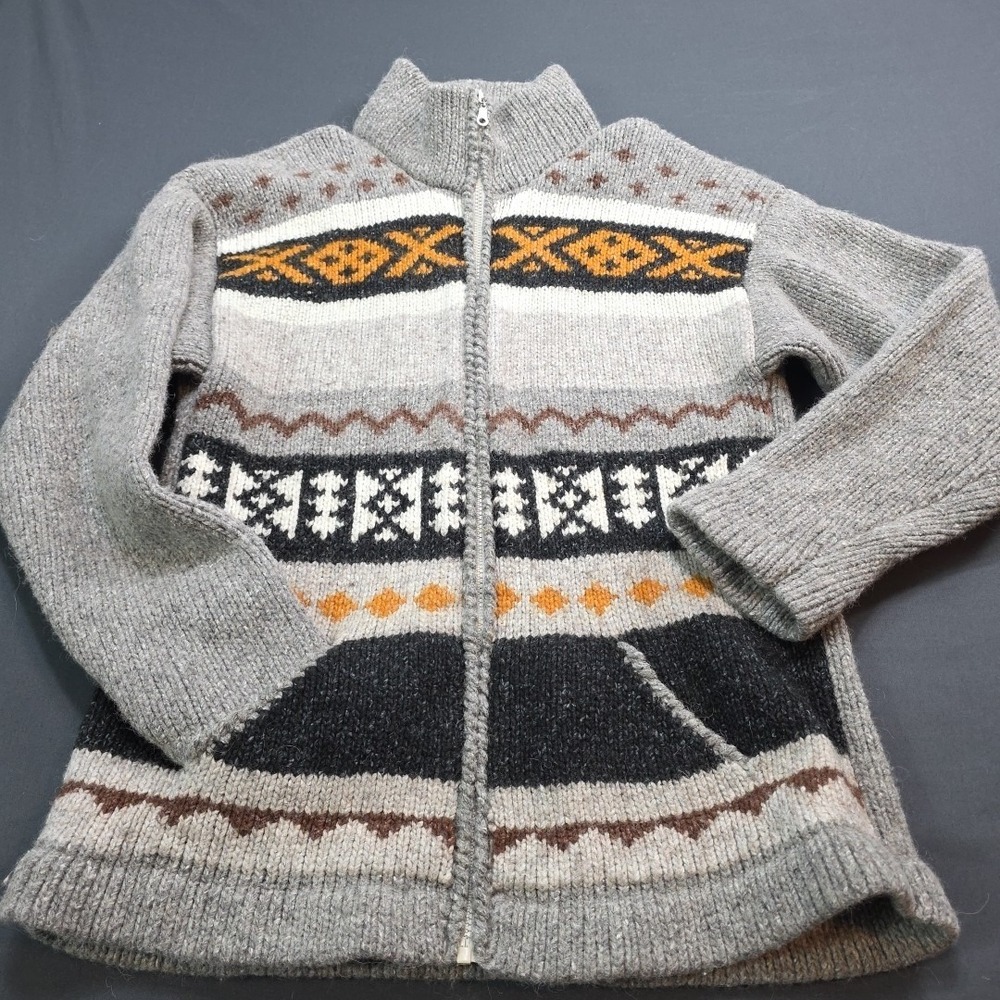 Vintage Hand Knit Cowichan Style Sweater Size L Wool Western‎ Please See Photos